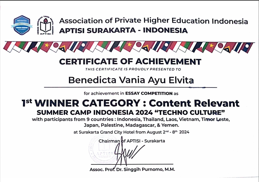 Juara 1 Essay Competition dalam Summer Camp Indonesia 2024 "Techno Culture"